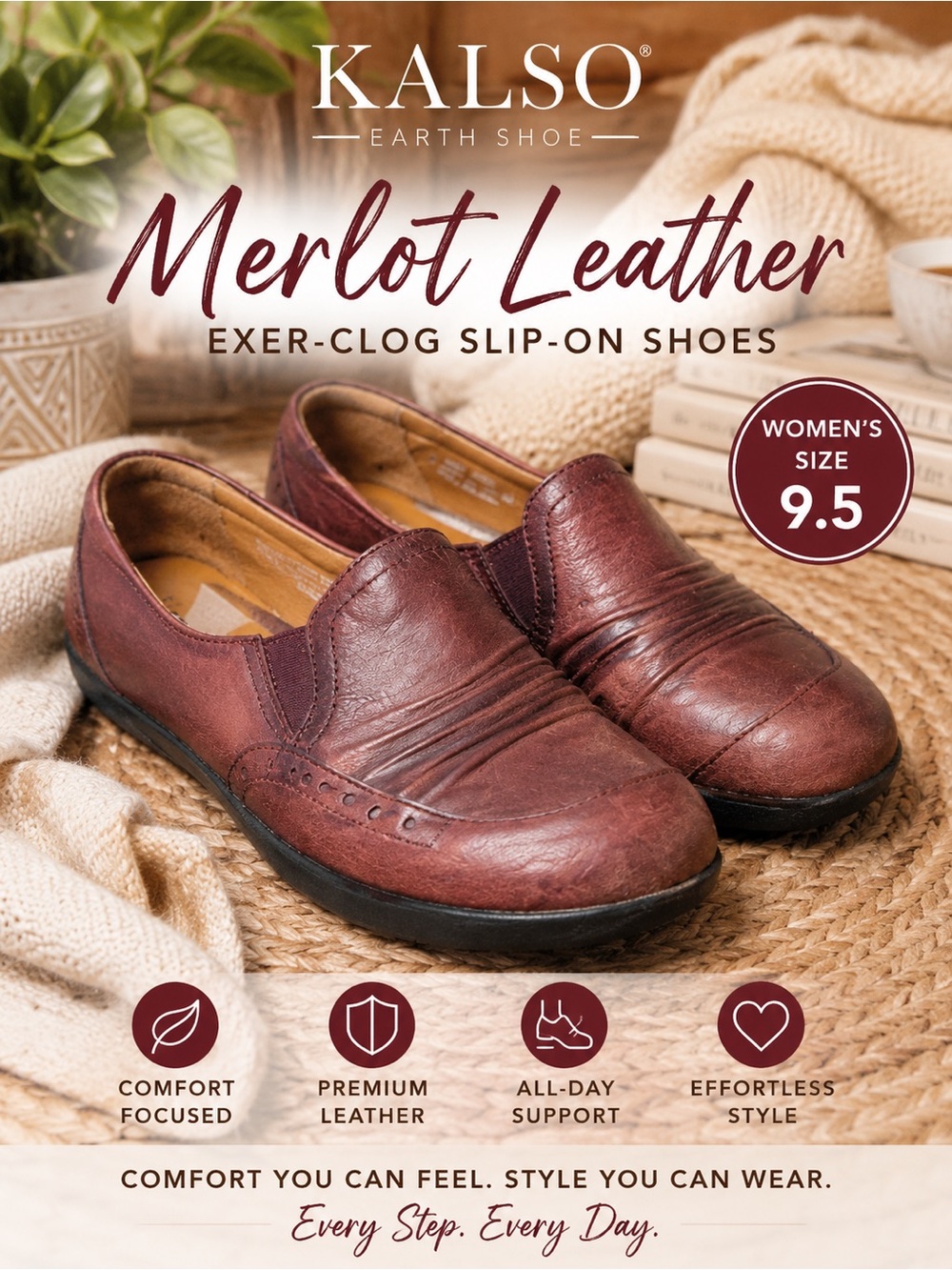Kalso Earth Shake Merlot Leather Exer-Clog Slip-On Shoes – Women’s Size 9.5
